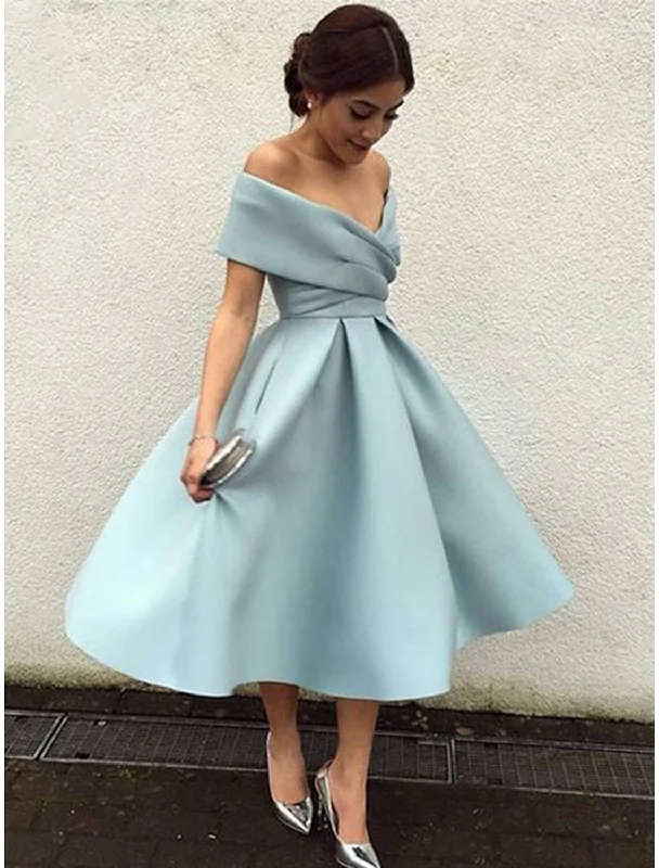 A-Line Cocktail Dresses Party Dress Homecoming Tea Length Short Sleeve V Neck Stretch Fabric V Back with Pleats Tunics Business professional