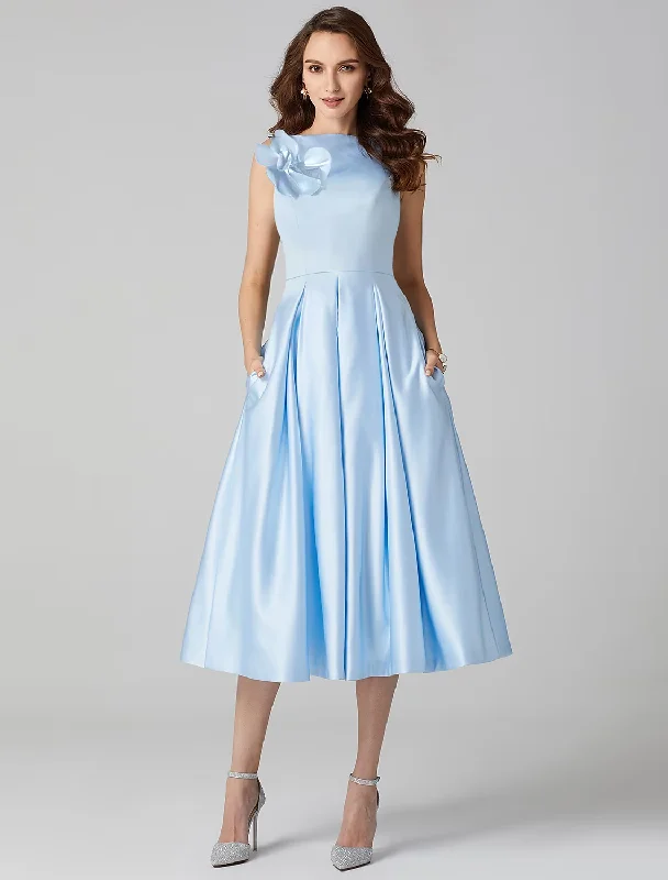A-Line Cocktail Dresses Party Dress Formal Tea Length Sleeveless Jewel Neck Pocket Satin with Pleats Shouder Flower Turtleneck Warm Winter
