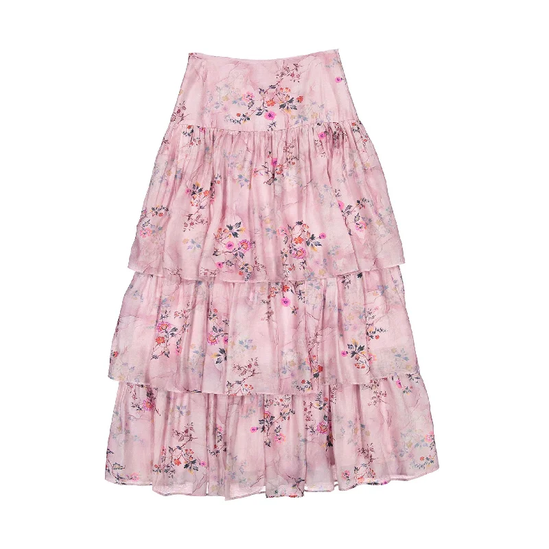 Ava and Lu Pink Floral Maxi Skirt asymmetrical skirt cut