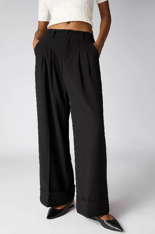 Black Flared Pleated Korean Pants Elegant Wool Trousers