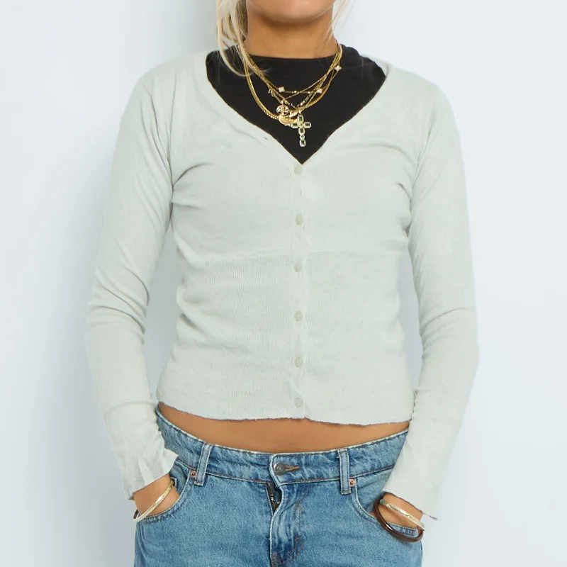 Buttoned Fine Knit Cardigan - UK 10 Chenille Blend Fleece Blend Nylon Blend