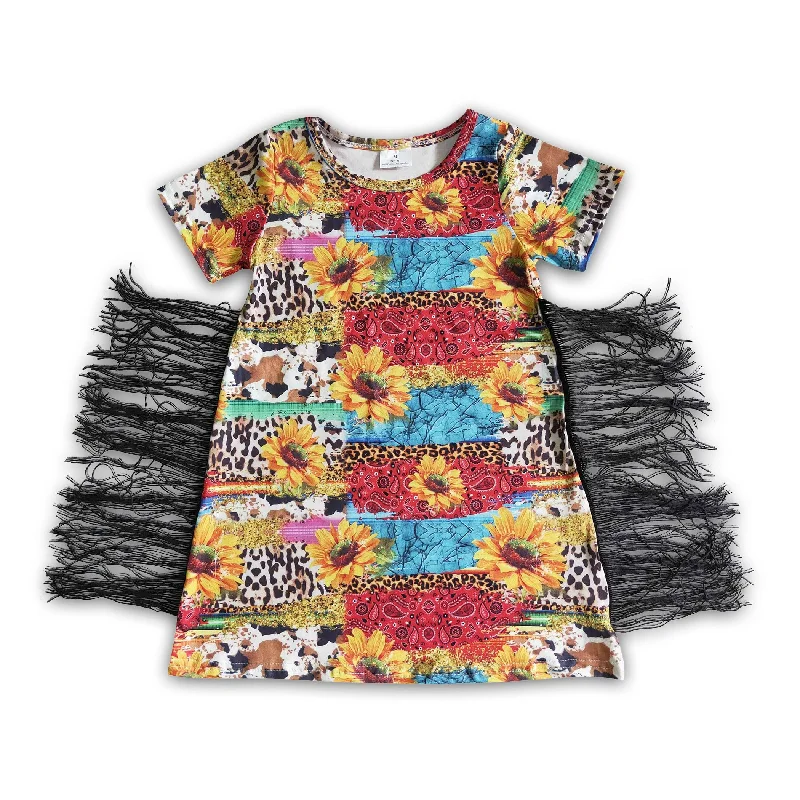 Clearance GSD0057 Girls leopard print cow print sunflower sunflower fringe short-sleeved skirt corduroy skirt cozy