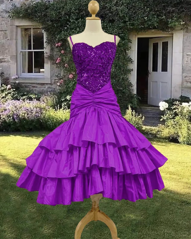 80s purple sequin ruffles party dress Tunics Long Elegant