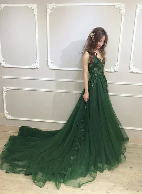 Dark Green Low Back Beaded Lace V-neckline Party Dress A-line Prom Dress Floor Length Tunics Versatile stylish