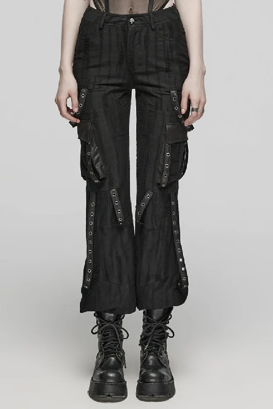 Black Eyelet Pocket Knitted Women's Steampunk Loose Pants Relaxed Lounge Trousers