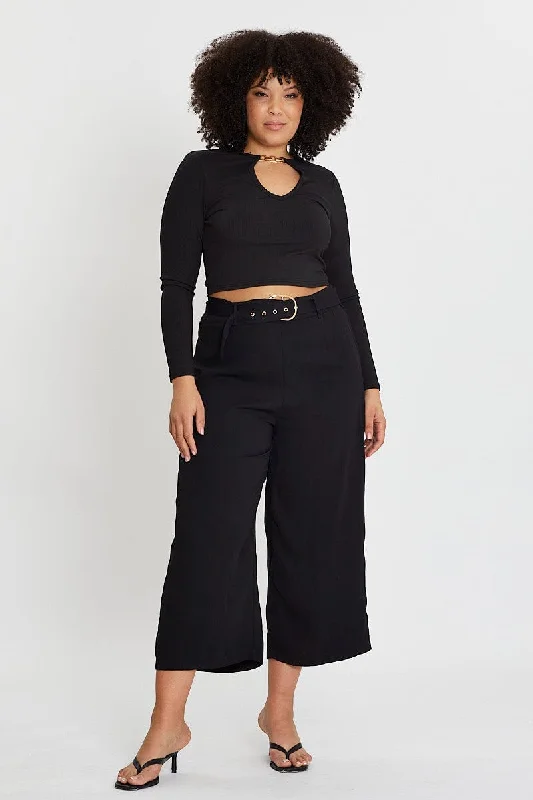 Black Wide Leg Pants High Rise Waist Tie Casual Drawstring Pants