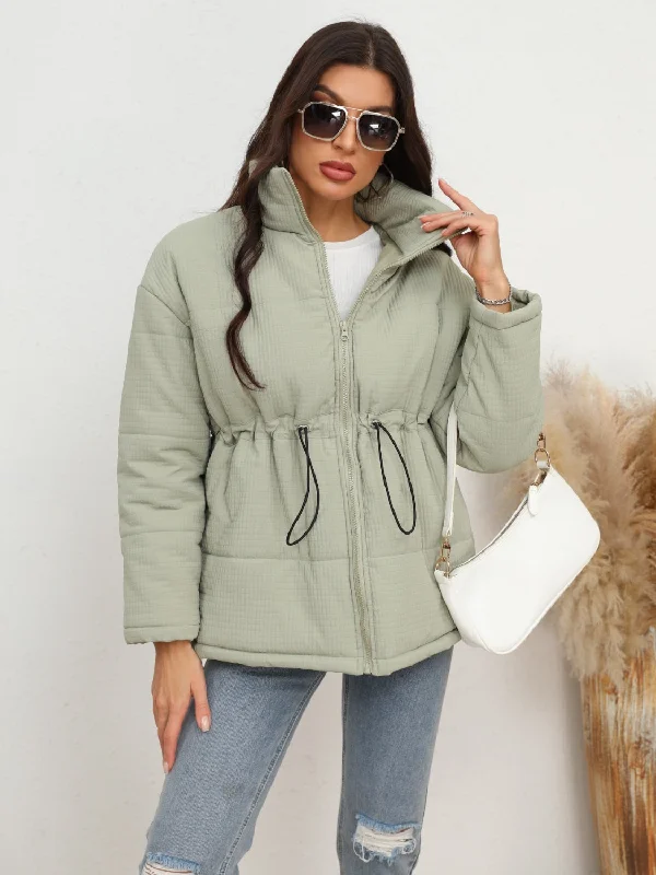 Drawstring Waist Zip-Up Puffer Jacket Front Pockets Side Pockets Patch Pockets