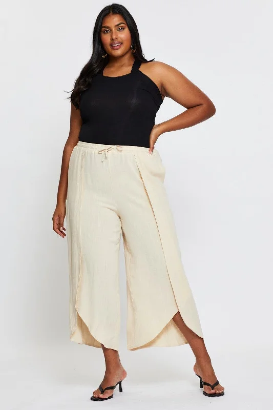 Beige Wide Leg Pants High Rise Elastic Waist Front Split Cozy Maternity Pants