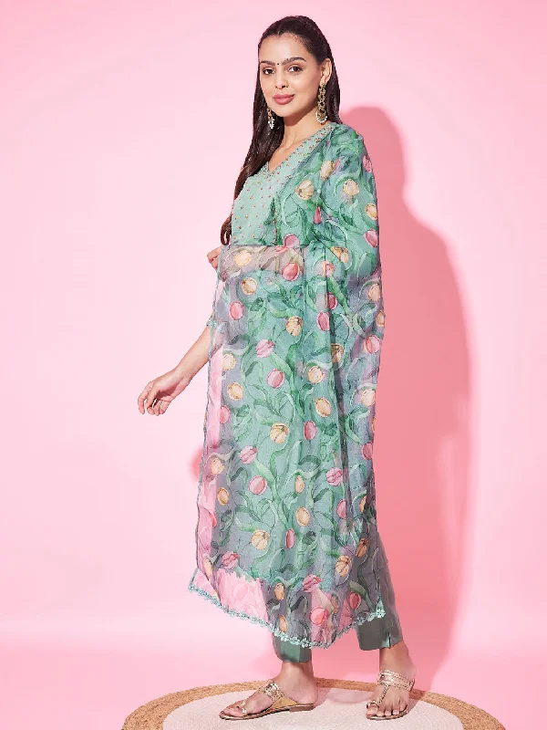 Green Designer Readymade Pant Suit With Printed Embroidery Work Classic Flared Pants