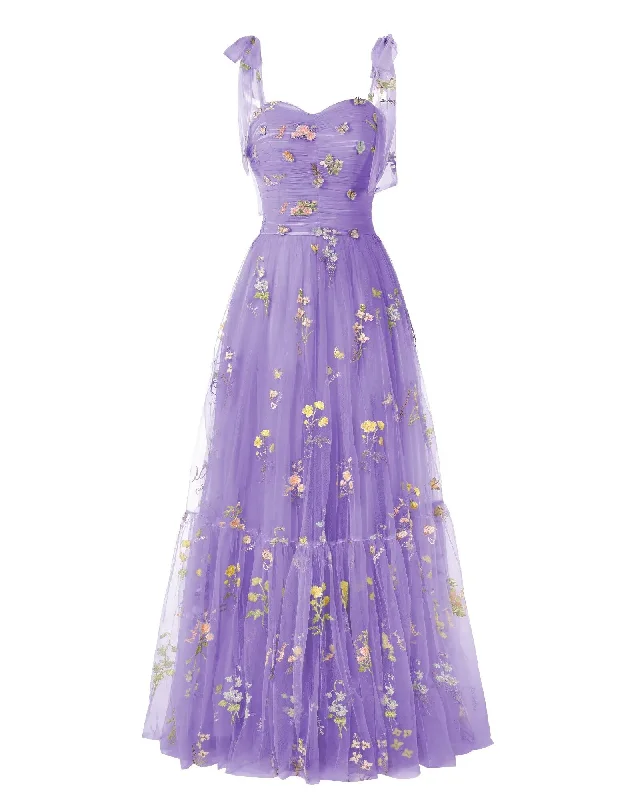 Elegant Embroidery Lavender Prom Dresses Sweetheart Spaghetti Straps A Line Party Dress Long Simple Formal Dress Crew Neckline Casual