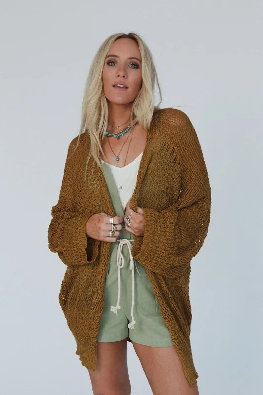Brenden Knit Netted Cardigan - Brown Stretchy Elastic Breathable