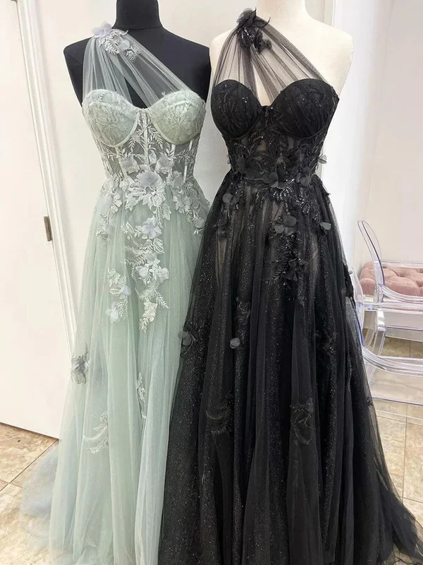 One Shoulder Tulle with Lace Applique High Slit Party Dress, Tulle Formal Prom Dress Tunics Solid Classic