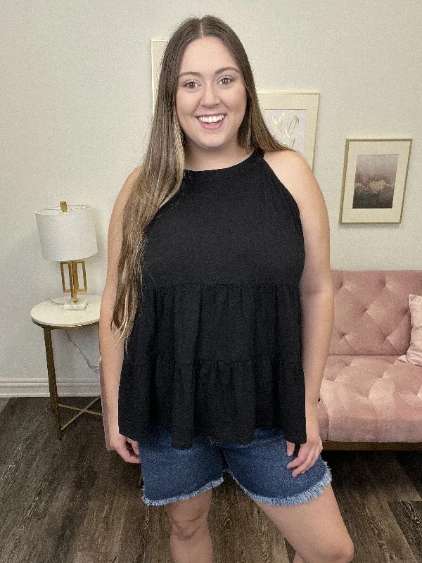 My Whole World Women's Halter Neck Tiered Ruffle Tank Top modal blend tank