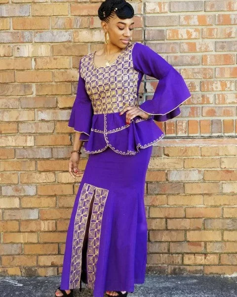 Purple African Top and Skirt with Gold Embroidery-DP3839TS leather skirt sleek