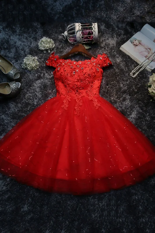 Cute Tulle Short A-Line Prom Dress, Off the Shoulder Homecoming Party Dress Tunics Print Colorful