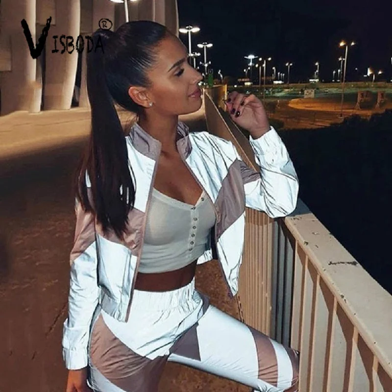 Women Tracksuits 2 Piece Set Reflective Zip Crop Top Pants Windbreaker Fashion Female Loose Glow Jacket Coat Trousers Plus Size Collared Jacket Crew Neck Jacket Turtle Neck Jacket Women Tracksuits 2 Piece Set Reflective Zip Crop Top Pants Windbreaker Fashion Female Loose Glow Jacket Coat Trousers Plus Size Collared Jacket Crew Neck Jacket Turtle Neck Jacket
