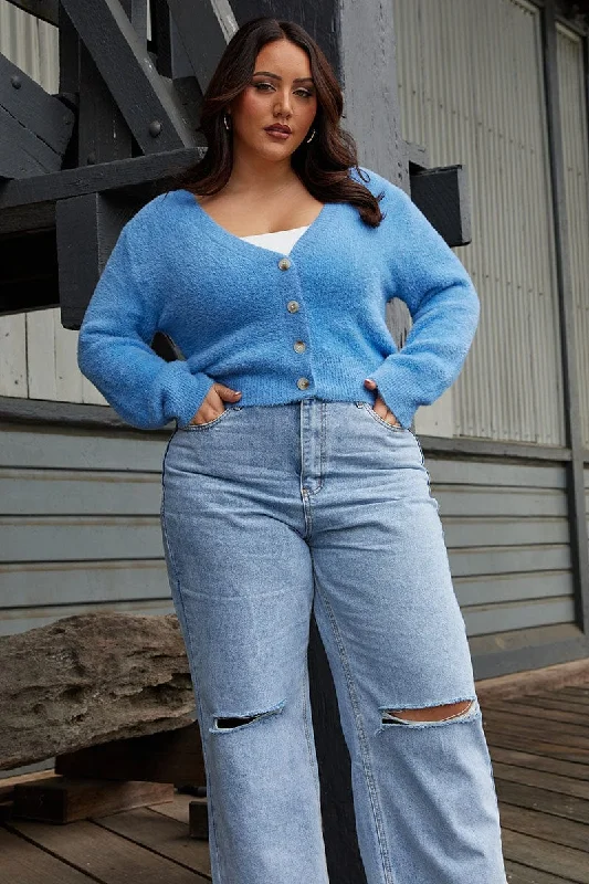 Blue Fluffy Knit Cardigan Long Sleeve V-neck Faux Fur Fabric Real Fur Fabric Shearling Fabric
