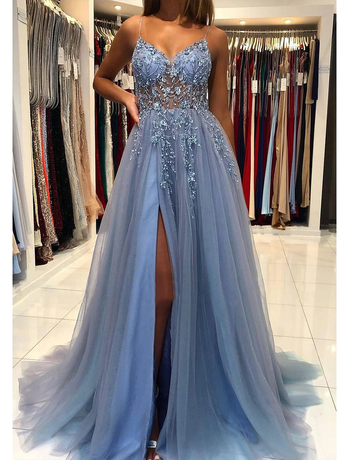 A-Line Prom Party Dress Princess Dress Formal Prom Court Train Sleeveless V Neck Tulle with Beading Tunics New arrival