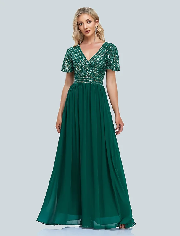 A-Line Mermaid Party Dress Evening Gown Sparkle & Shine Dress Christmas Wedding Guest Floor Length Short Sleeve V Neck Sequined with Sequin Tunics Party sparkling