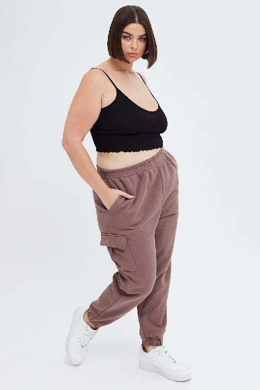 Brown Cargo Pants Elastic Waist Pocket Track Style Chic Capri Pants