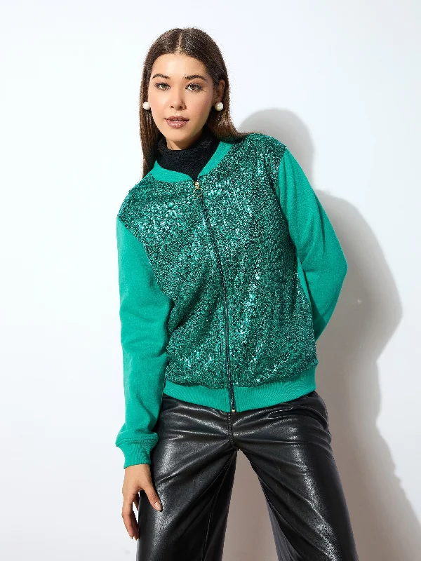 Women Green Sequin Jacket Appliqued Jacket Beaded Jacket Sequined Jacket