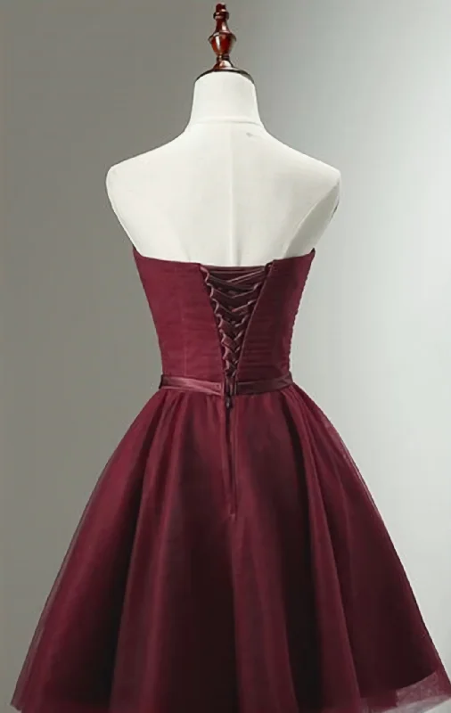 Beautiful Burgundy Knee Length Lace Up Tulle Party Dress, Homecoming Dress, Short Prom Dress Tunics Solid Classic