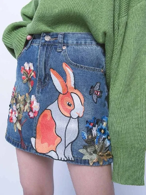 Cute Rabbit Denim Mini Skirt pleated skirt texture