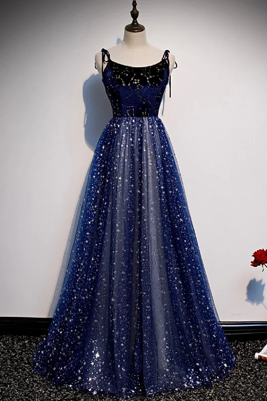 Blue Tulle Long A-Line Prom Dresses, Blue Evening Party Dresses Tunics Velvet soft