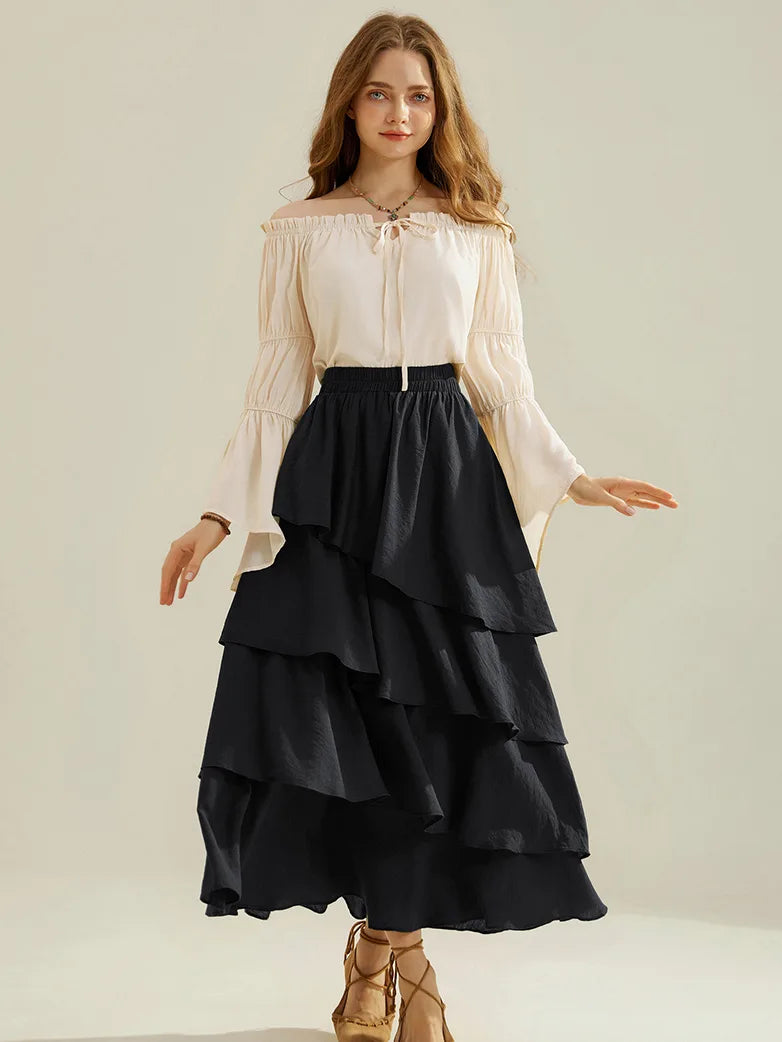 Renaissance Elastic Waist 4-Layer Flared Swing Skirt velvet skirt luxury