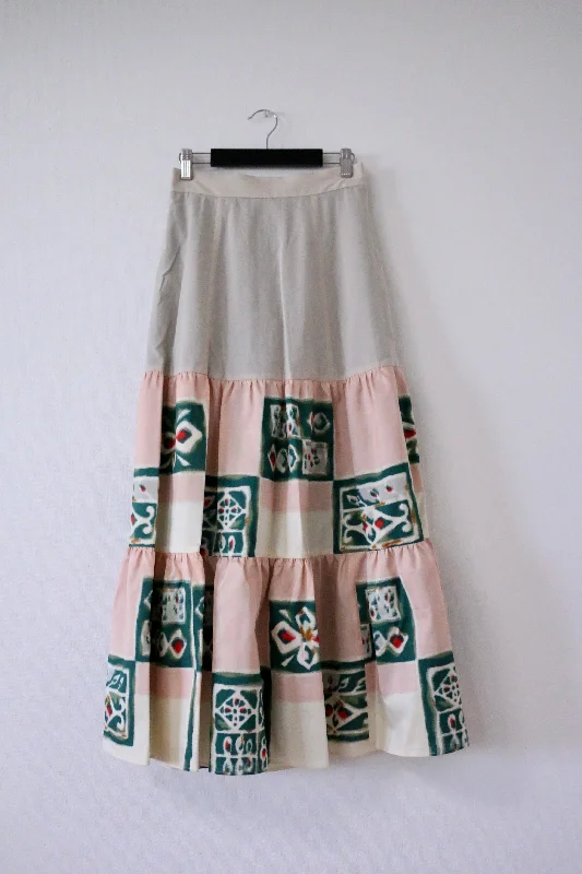 Abstract Peach and Green Pattern -Meisen Teered Skirt-beige- (Japanese textile) relaxed fit skirt