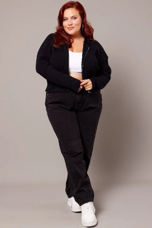Black Knit Cardigan Long Sleeve Hooded Button Cardigan Zip Cardigan Pullover Cardigan