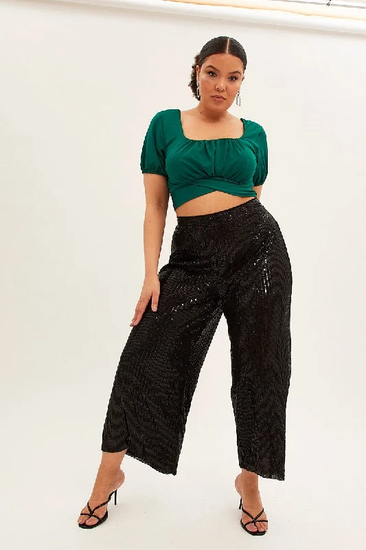 Black Wide Leg Pants High Waist Sequin Chic Black Leggings