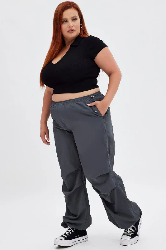 Grey Parachute Pant Low Waist Wide Leg Elegant Palazzo Trousers