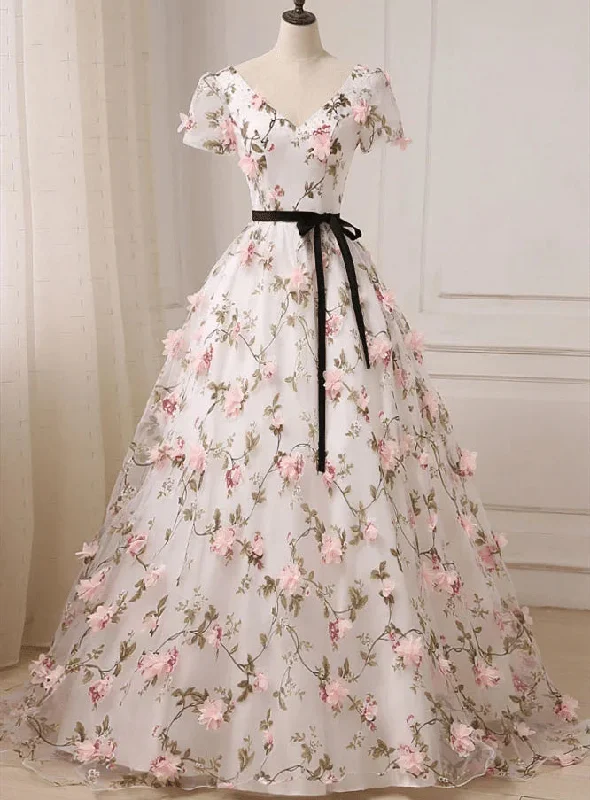 Beauitufl Floral V-Neck Lace Short Sleeve Flowers Long Prom Dress Floral Party Dress prom dresses shops Tunics Luxurious high-end