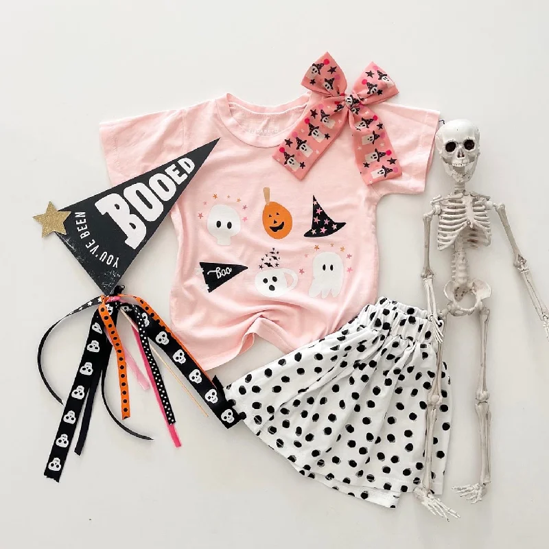 Preorder GSD1407 NO MOQ Halloween Ghost Pumpkin Pink Short sleeve black polka dots white skirt set chiffon skirt lightweight