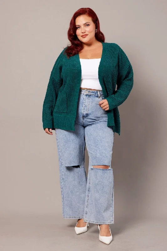 Green Knit Cardigan Longline Chenille Fitted Slim Tailored