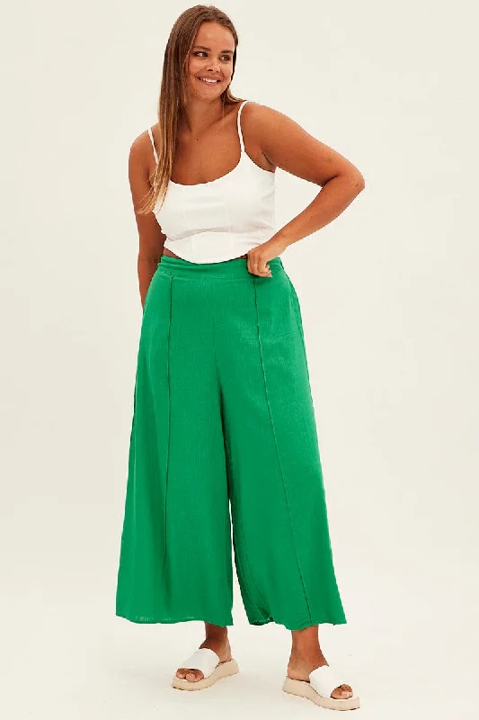Green Wide Leg Pants High Rise Linen Blend Fashionable Work Pants