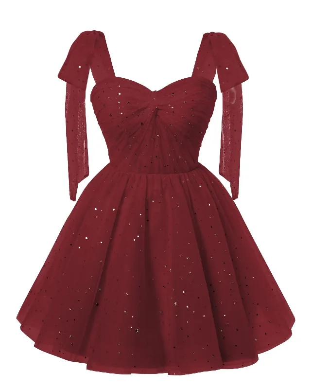 Sparkly Starry Burgundy Tulle Short Homecoming Dresses Spaghetti Bow Straps Prom Dress Sequin Cocktail Party Dress for Teens Mermaid Tail Wedding