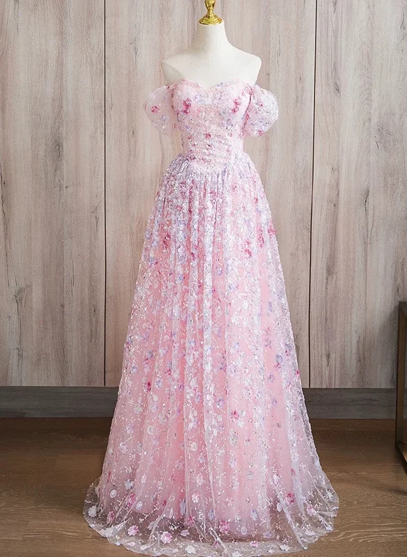 Pink A-line Off Shoulder Lace Floor Length Party Dress, Pink Lace Prom Dress Tunics Bestseller popular