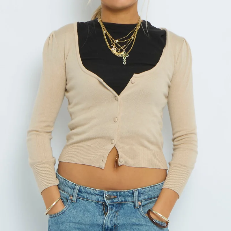 Low V-Neck Knitted Cardigan - UK 6 Solid Print Embellished