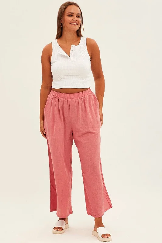 Pink Wideleg Pants Cotton Elastic Waist Relaxed Fit Elegant Trouser Pants