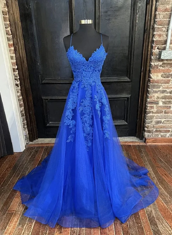 Blue Tulle with Lace A-line Floor Length Party Dress Blue Junior Prom Dress prom dresses shops Lace Sexy Club