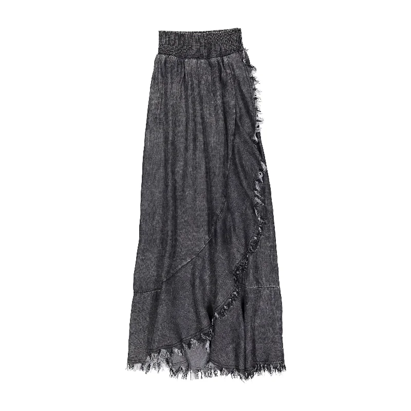 ROWE Black Denim Fringes Skirt button skirt front