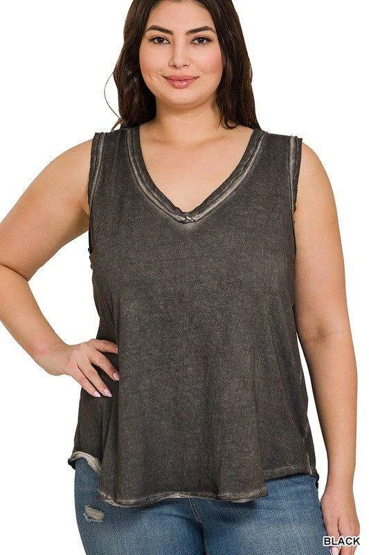ZENANA | Plus Washed Raw Edge V-Neck Tank Top trendy tank top