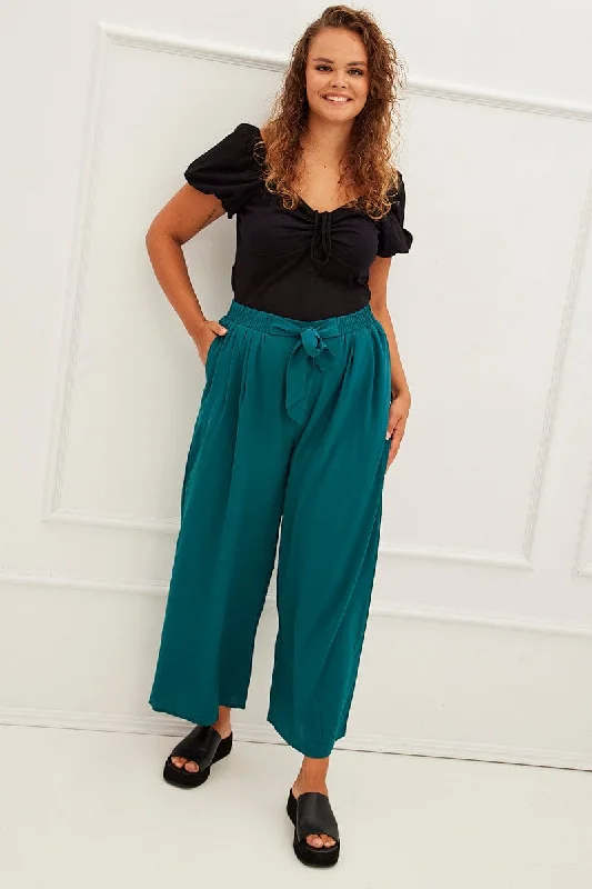 Green High Waist Wide Leg Crepe Pants Casual Wide Pants