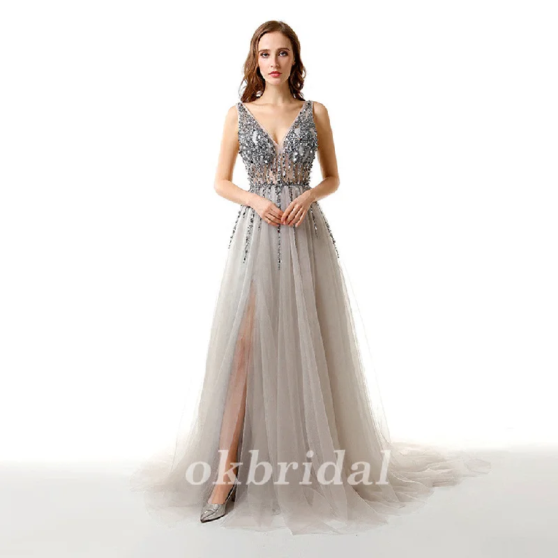 Sexy Prom Dress, Tulle Prom Dress, Side Split Prom Dress, Beading Prom Dress, V-Neck Prom Dress, Floor-Length Party Dresses, V-Back Evening Dresses, LB0897 Tunics Designer luxury