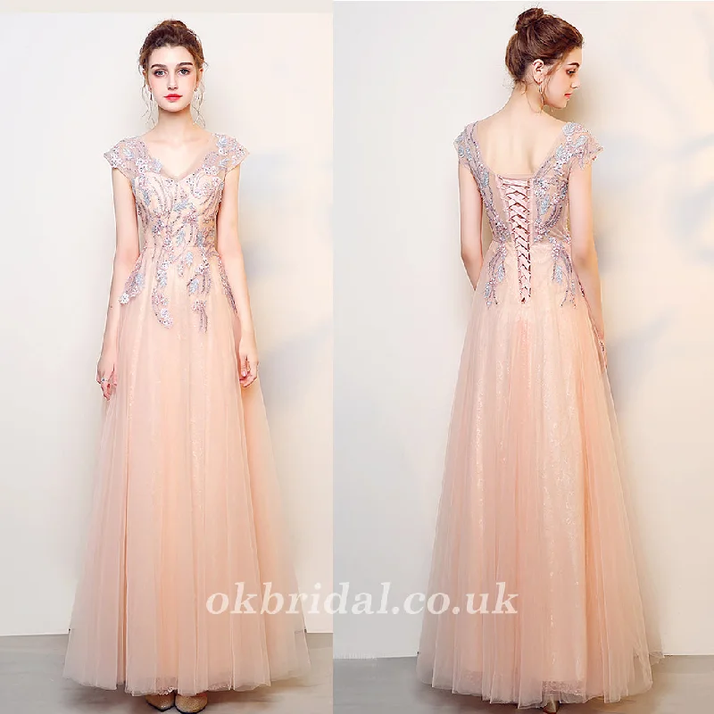 Lace Prom Dress, V-Neck Prom Dress, Tulle Prom Dress, A-Line Prom Dress, Applique Prom Dress, Lace-up Back Party Dresses, LB0889 Tunics Seasonal trendy