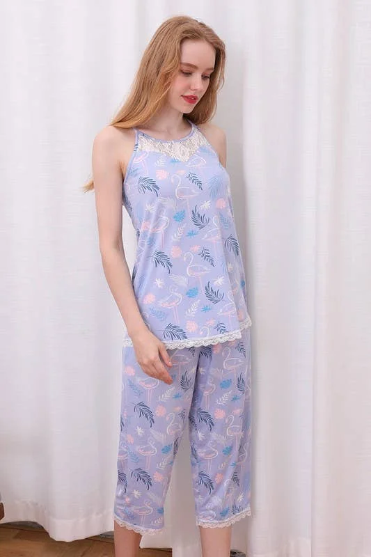 Plus Size Racerback Top Capri Pants Pajama Set - Peri Blue White Stylish Casual Pants