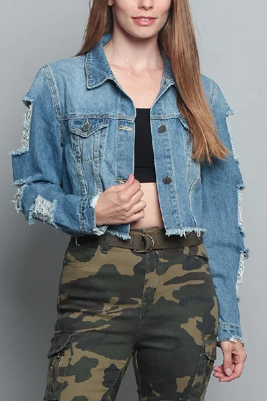 Cropped Distressed Denim Jacket Zippered Jacket Buttoned Jacket Snapped Jacket