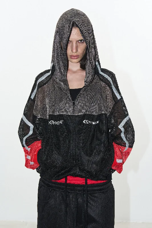 Mesh Colorblock Hooded Mask Jacket Welt Pockets Slit Pockets Flap Pockets